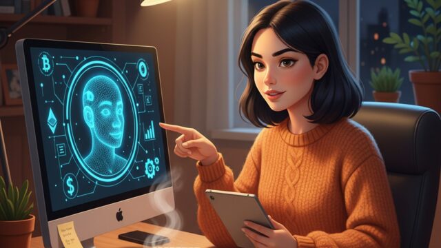 「AIと対話しながら記事を書く様子を描いたイラスト